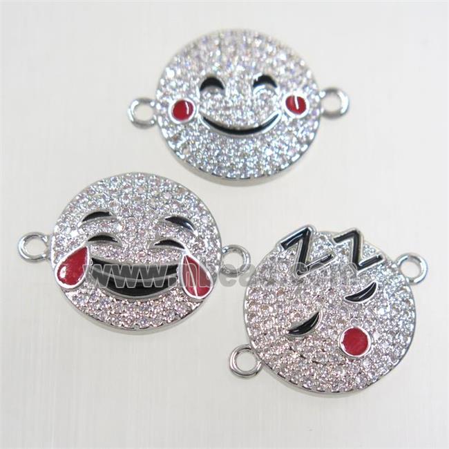copper Emoji connector paved zircon, smile face, mixed, platinum plated