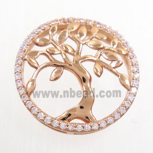 copper circle connector pave zircon, tree of life, rose gold