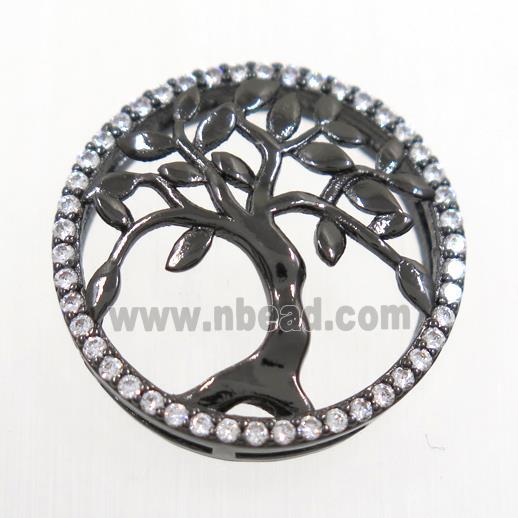 copper circle connector pave zircon, tree of life, black plated