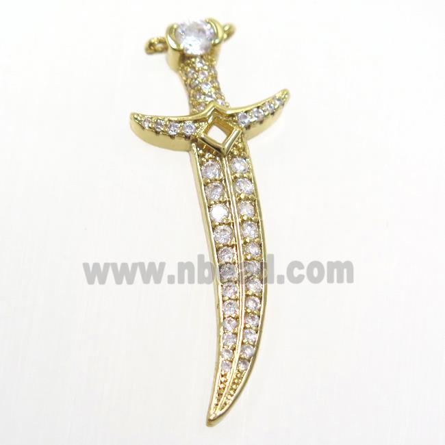 copper knife pendant paved zircon, gold plated