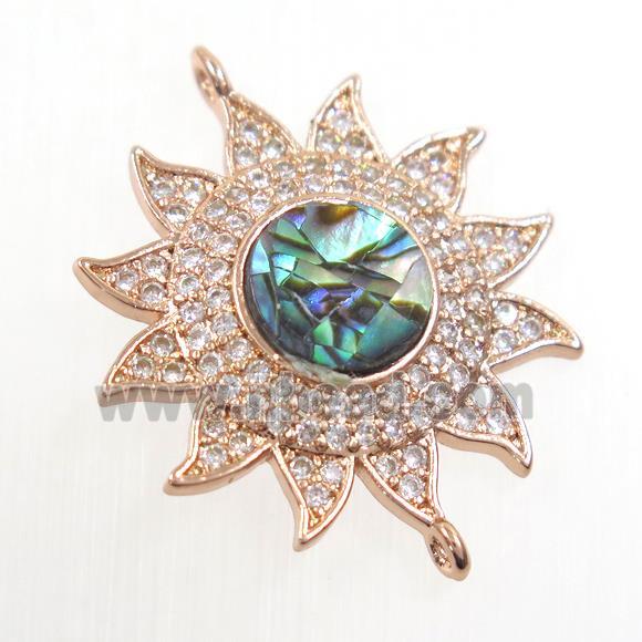 copper sunflower connector paved zircon with abalone shell, rose gold