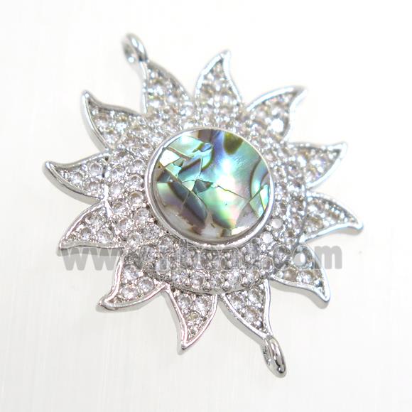 copper sunflower connector paved zircon with abalone shell, platinum plated