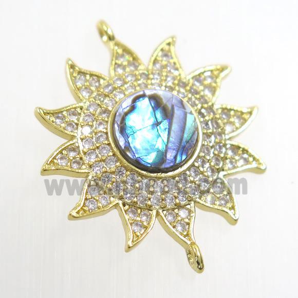 copper sunflower connector paved zircon with abalone shell, gold plated