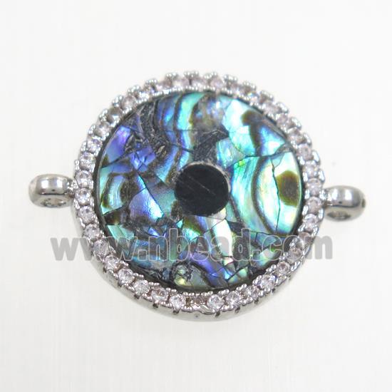 copper circle connector paved zircon with abalone shell, platinum plated