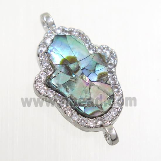 copper hamsahand connector paved zircon with abalone shell, platinum plated