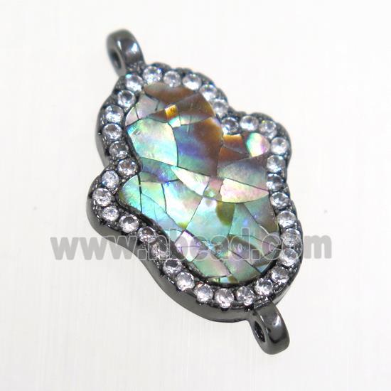 copper hamsahand connector paved zircon with abalone shell, black plated