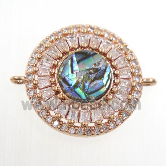 copper circle connector paved zircon with abalone shell, rose gold