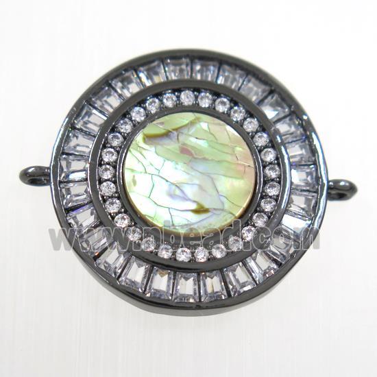 copper circle connector paved zircon with abalone shell, black plated