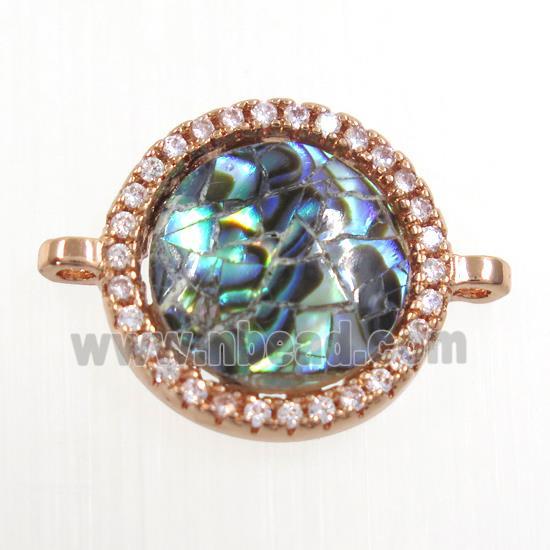 copper circle connector paved zircon with abalone shell, rose gold