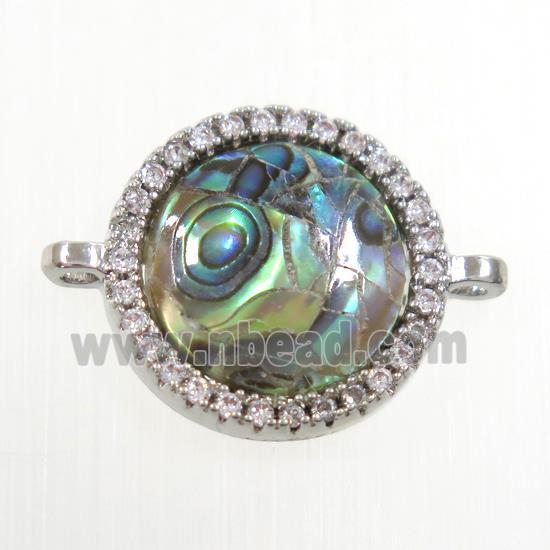 copper circle connector paved zircon with abalone shell, platinum plated