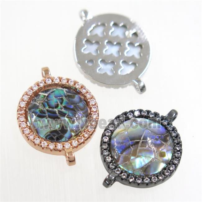 copper circle connector paved zircon with abalone shell, mixed