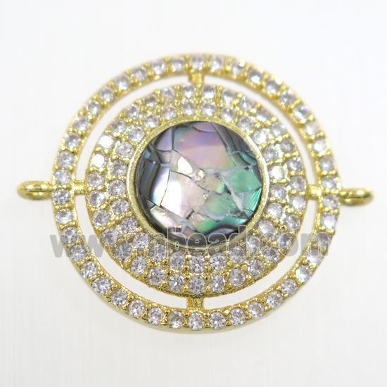 copper circle connector paved zircon with abalone shell, gold plated