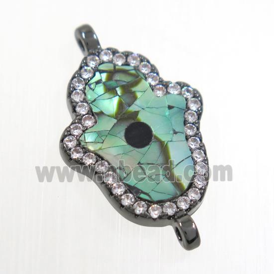 copper hamsahand connector paved zircon with abalone shell, black plated