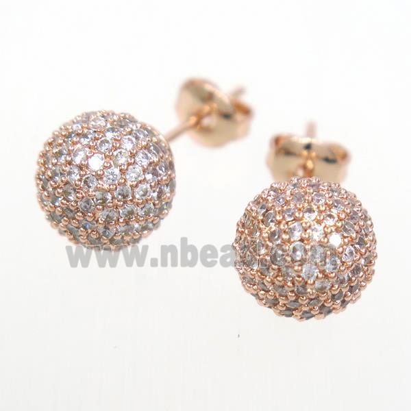 copper earring studs paved zircon, round, rose gold