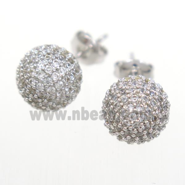 copper earring studs paved zircon, round, platinum plated
