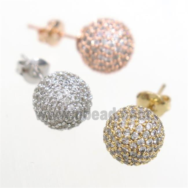 copper earring studs paved zircon, round, mix color
