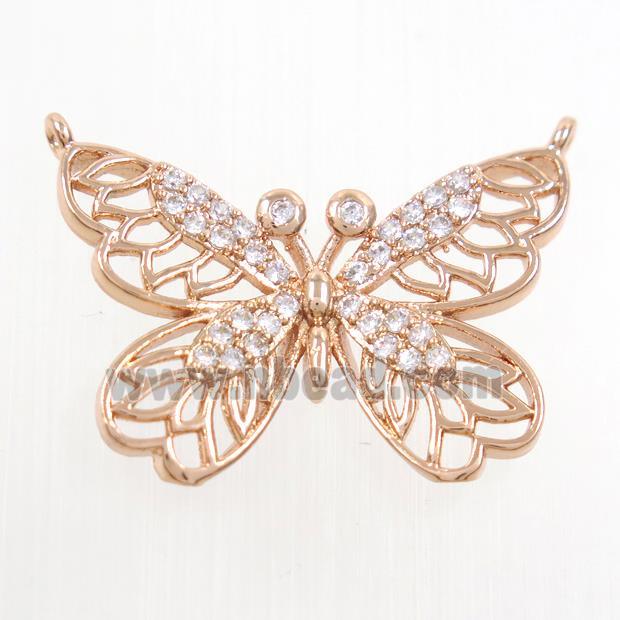 copper butterfly pendants paved zircon with 2loops, rose gold plated