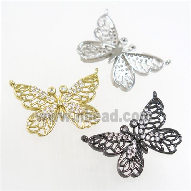 copper butterfly pendants paved zircon with 2loops, mix color