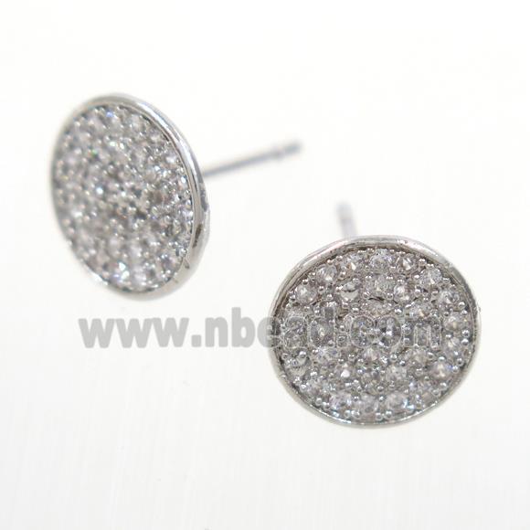 copper earring studs paved zircon, platinum plated