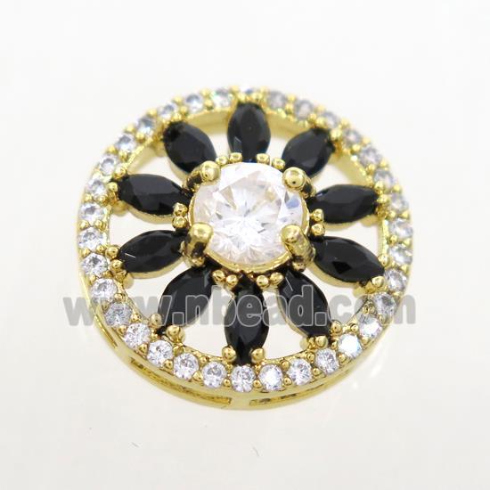 copper sunflower connector pave black zircon, gold plated