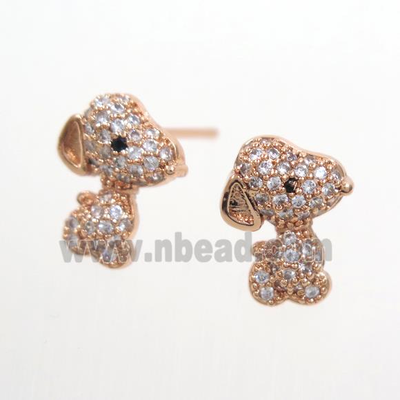 copper dog Earring stud paved zircon, rose gold