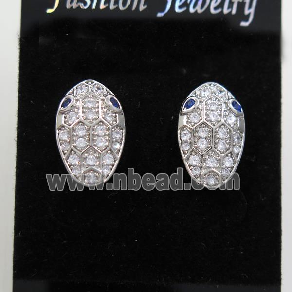 copper snakehead earring studs paved zircon, platinum plated