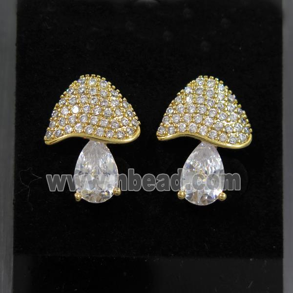 Copper Mushroom Stud Earring Pave Zircon Gold Plated
