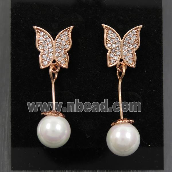 copper butterfly earring paved zircon with pearlized shell, rose gold