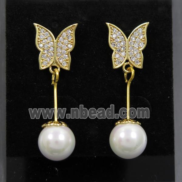 copper butterfly earring paved zircon with pearlized shell, gold plated