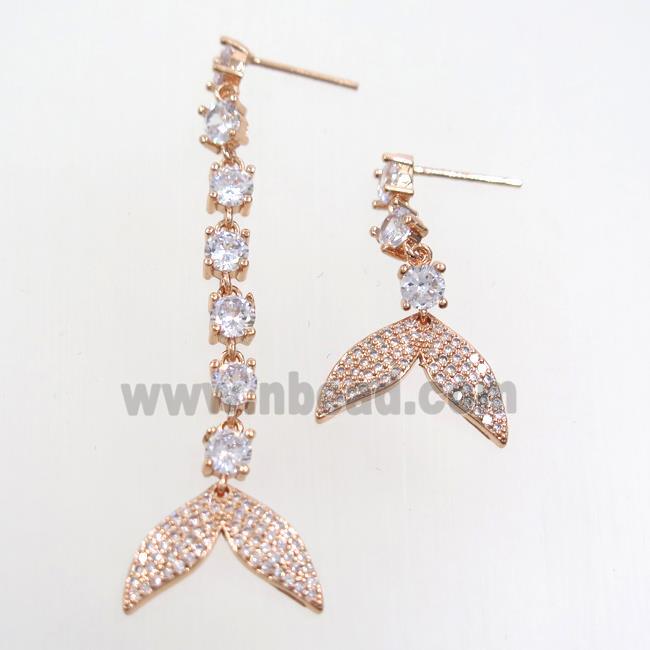 copper earring paved zircon with sharktail, rose gold