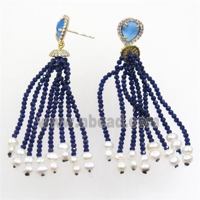 copper earring paved zircon with blue crystal glass tassel
