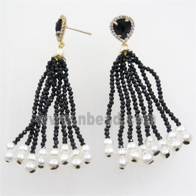 copper earring paved zircon with black crystal glass tassel