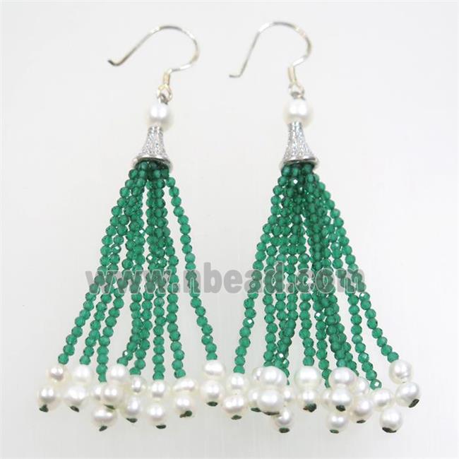copper earring paved zircon with green crystal glass tassel