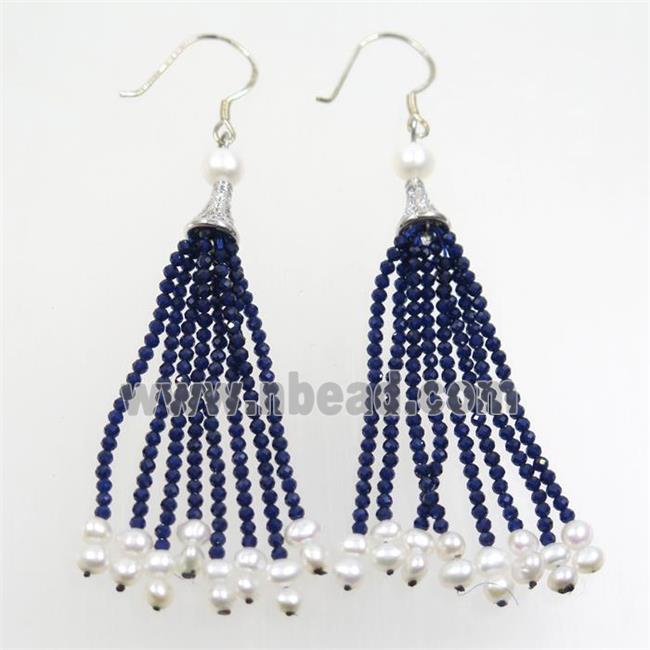 copper earring paved zircon with blue crystal glass tassel