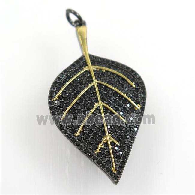 copper leaf pendant paved black zircon, gold plated, black backing