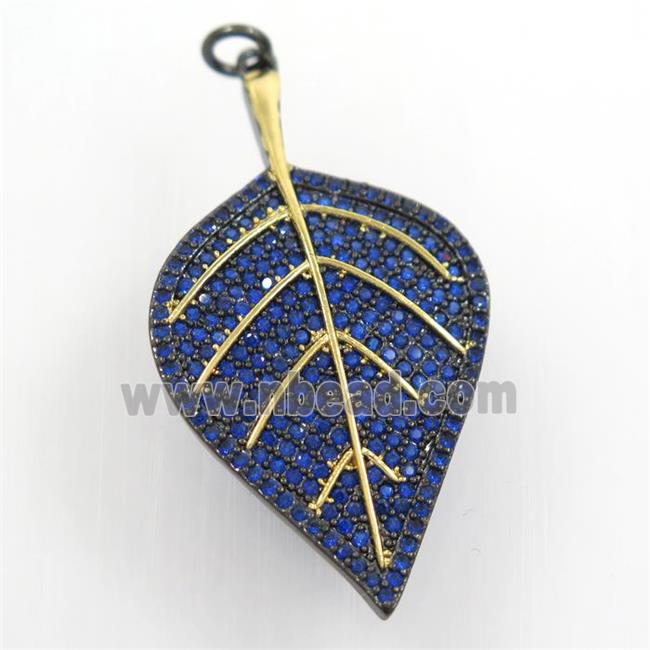 copper leaf pendant paved blue zircon, gold plated, black backing