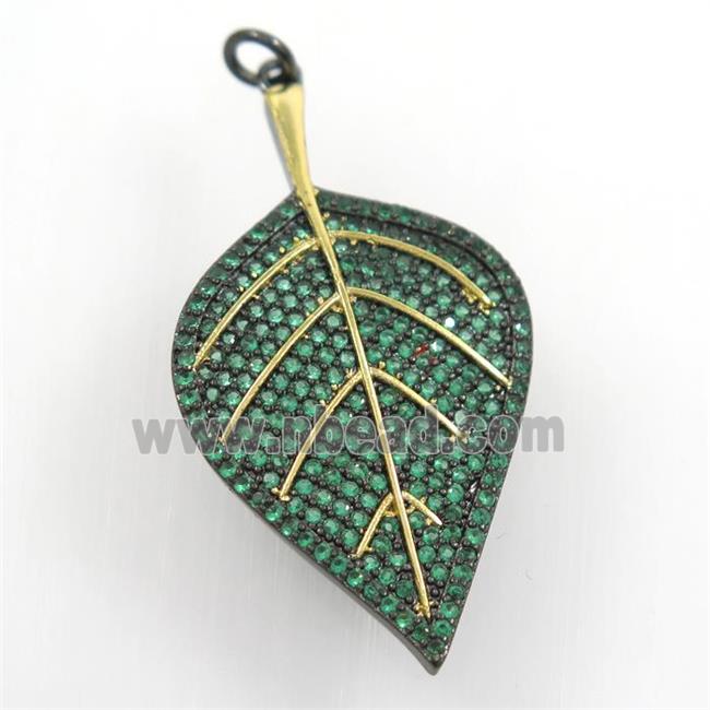 copper leaf pendant paved green zircon, gold plated, black backing
