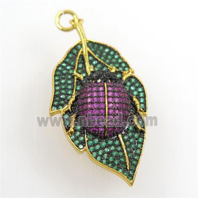 copper leaf pendant paved zircon with beetle, gold plated