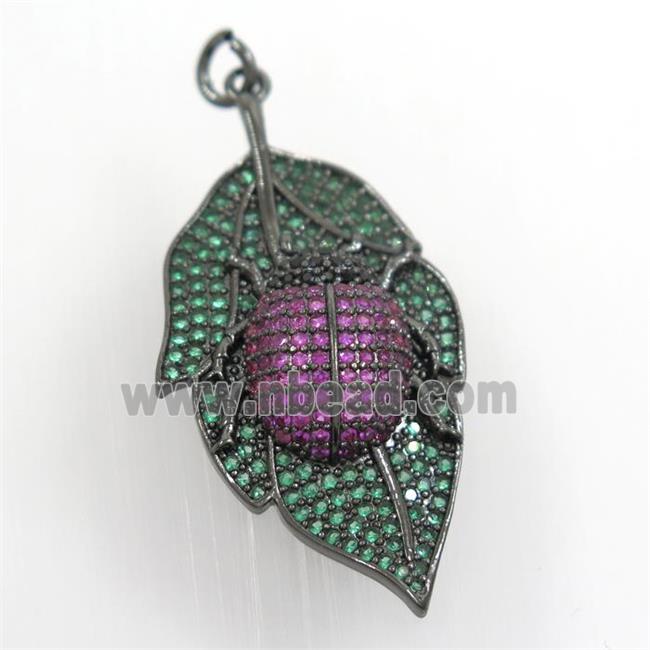 copper leaf pendant paved zircon with beetle, black plated