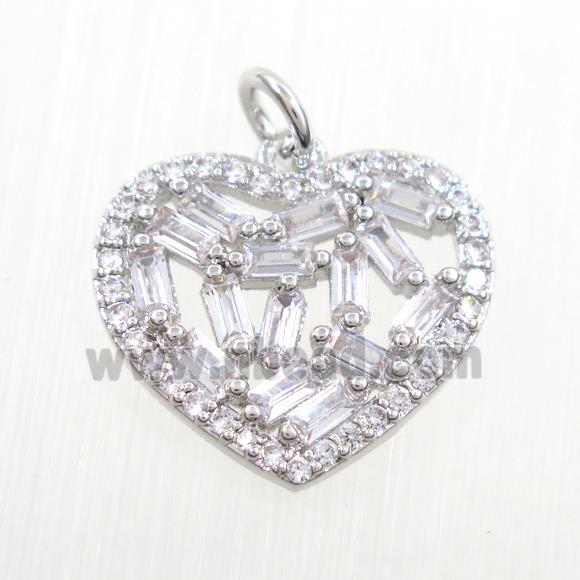 copper heart pendants paved zircon, platinum plated