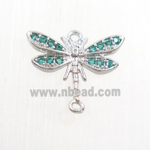 copper dragonfly connector paved green zircon, platinum plated