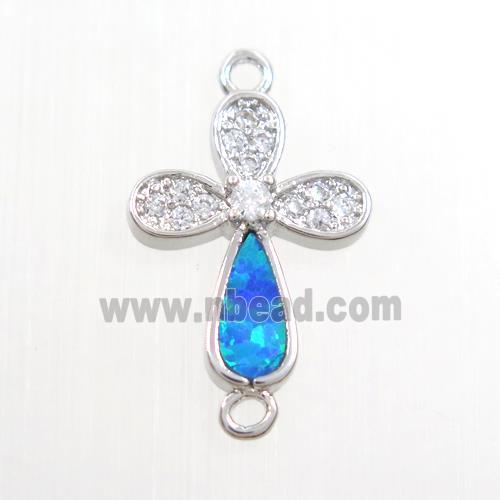 copper cross connector paved zircon with fired opal, platinum plated
