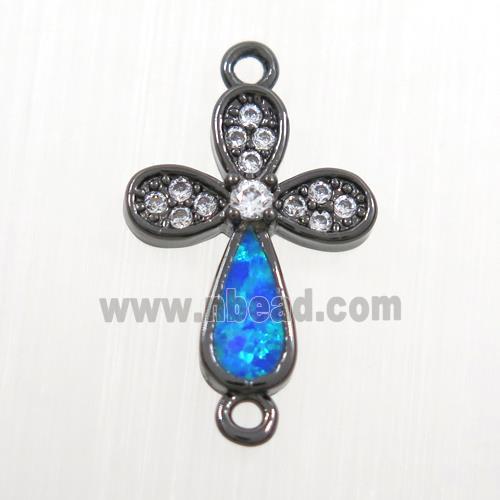 copper cross connector paved zircon with fired opal, black plated
