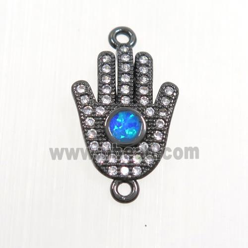 copper hamsahand connector paved zircon with fire opal, black plated
