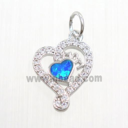 copper heart pendant paved zircon with fire opal, platinum plated