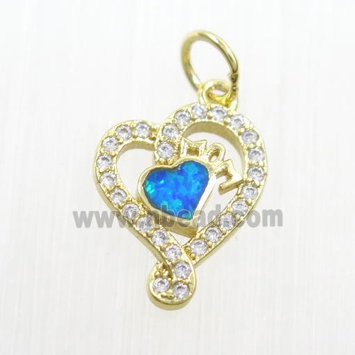 copper heart pendant paved zircon with fire opal, gold plated