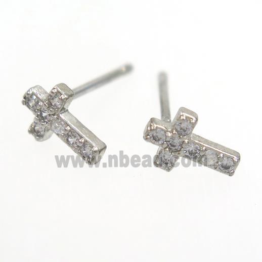 copper cross Earring paved zircon, platinum plated