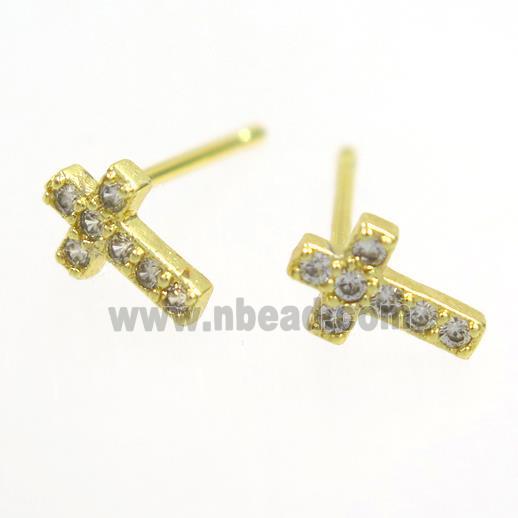 copper cross Earring paved zircon, gold plated