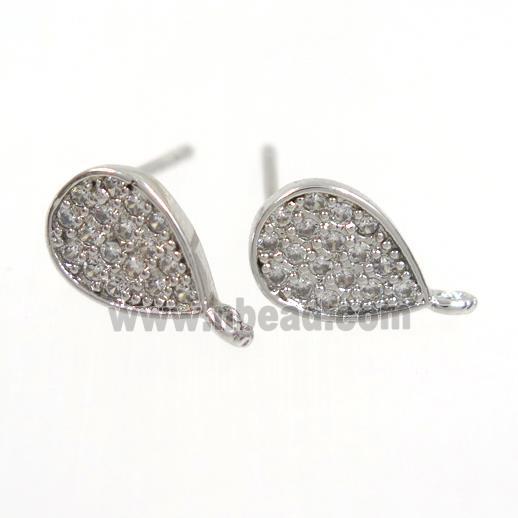 copper teardrop earring paved zircon, platinum plated