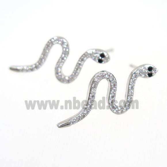 copper snake earring paved zircon, platinum plated
